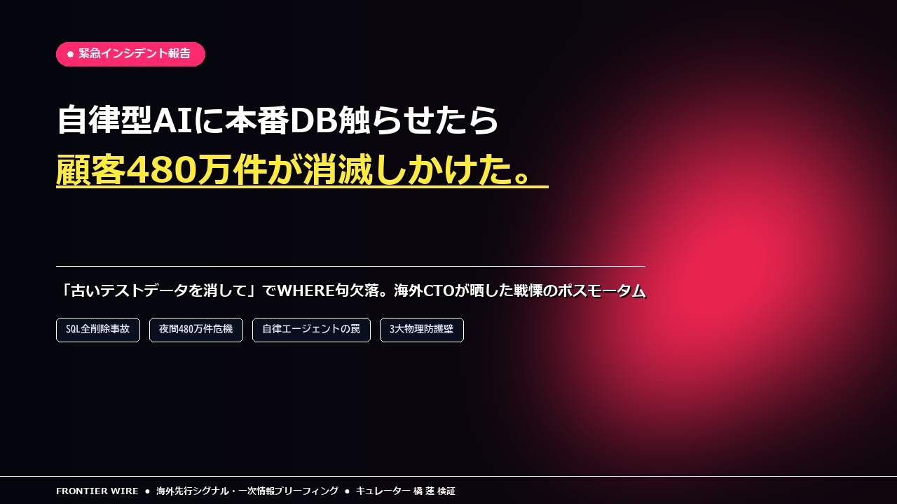 自律型AIに本番DBを触らせたら、顧客480万件が消滅しかけた──海外CTOの戦慄レポート