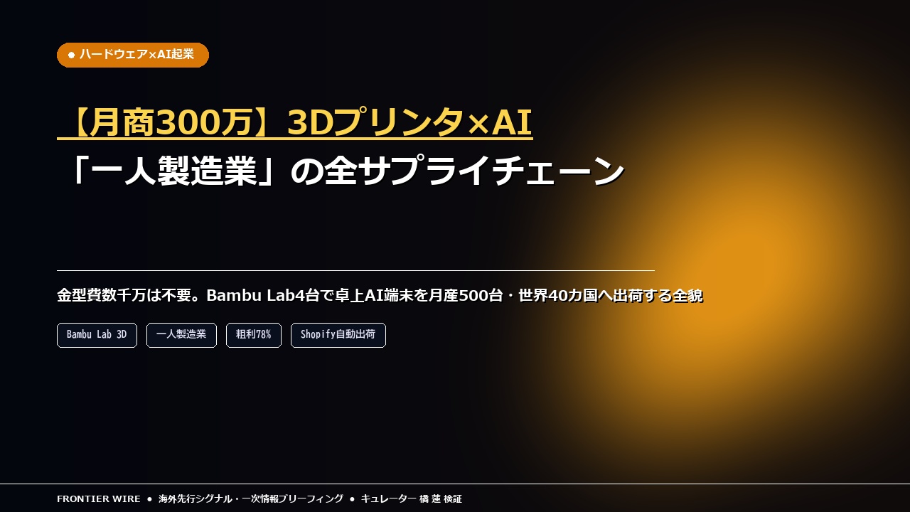【月商300万】3Dプリンタ×AIで作る「一人ハードウェア企業」の全サプライチェーン